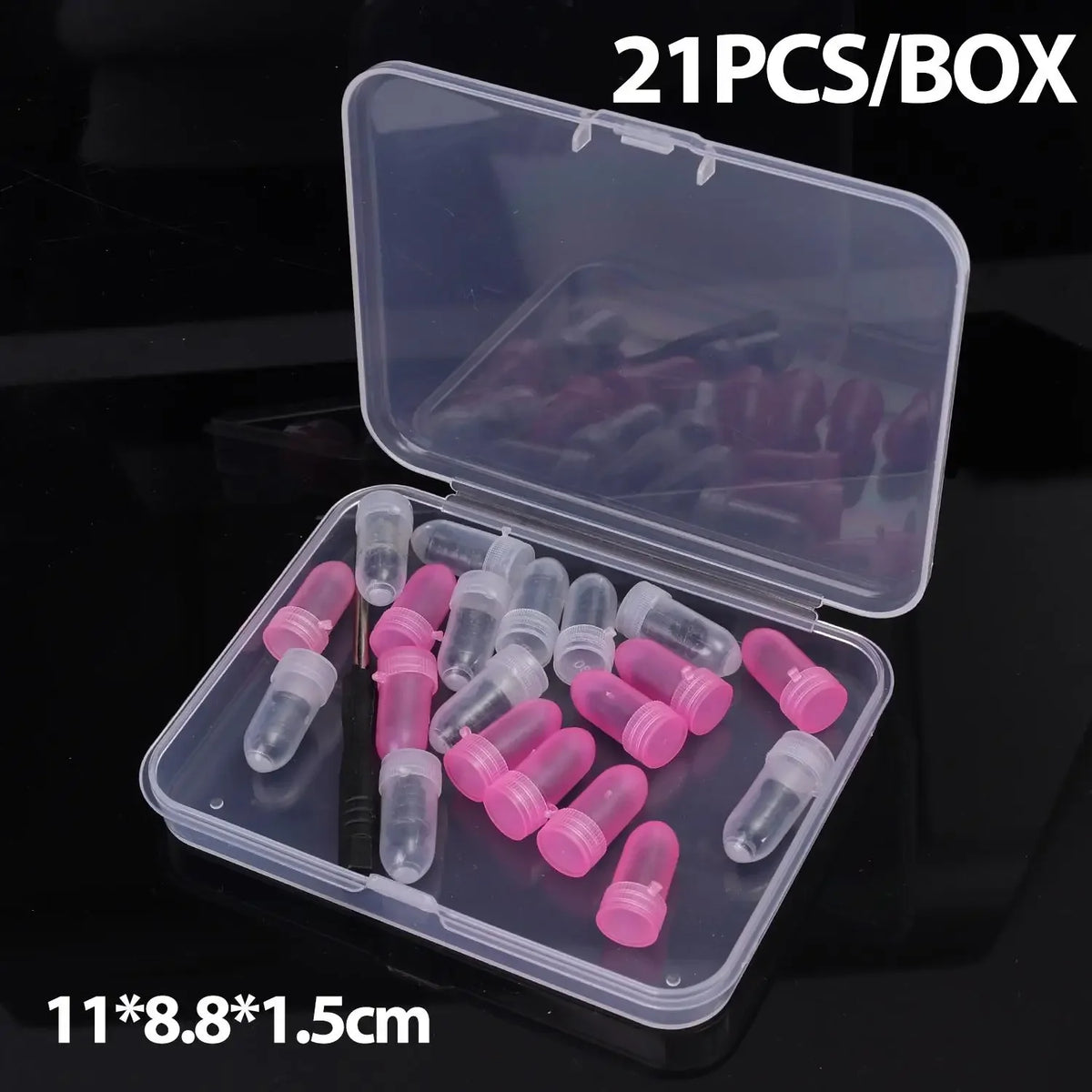 A clear plastic box containing 21 rubber plugs for tire repair, shown with an open lid and dimensions.