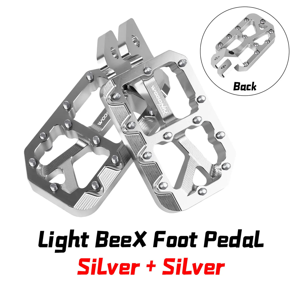 Silver Light BeeX Foot Pedal with back view and replacement pegs
