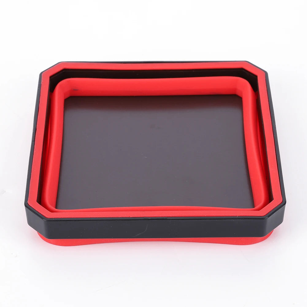 A rectangular red and black collapsible magnetic parts tray organizer with a square compartment.