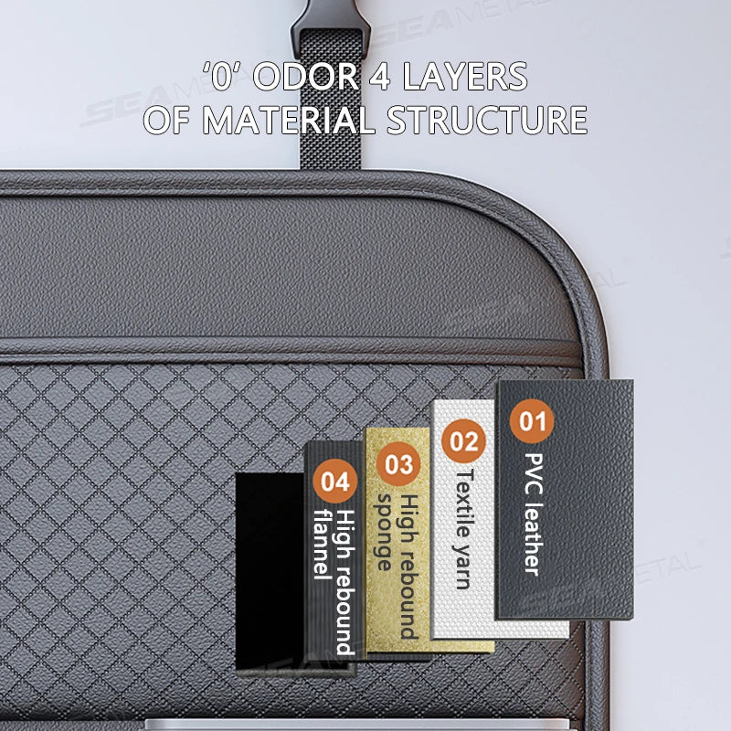 A black luxury car seat back organizer bag showing four layers of material structure.