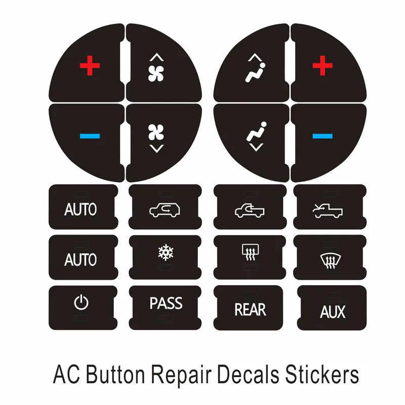 A set of black decals and stickers designed to repair AC control buttons on vehicles.