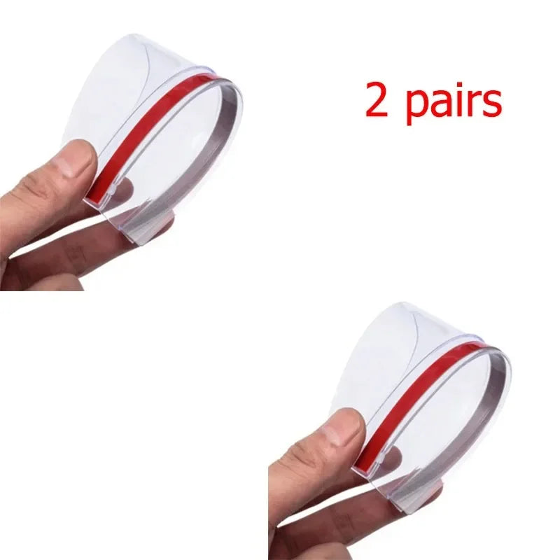 Two pairs of clear carbon fiber car rain visors with red trim shown being held by a hand.
