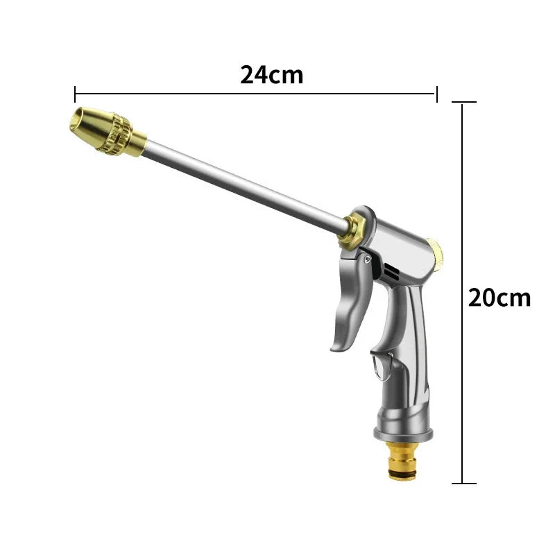 A silver high-pressure adjustable water gun with a brass nozzle and a long barrel, shown against a white background.