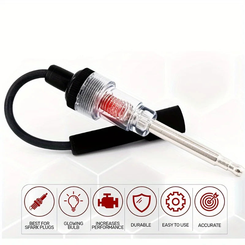 An automotive spark plug ignition tester kit featuring a glass tube and black connector for testing.