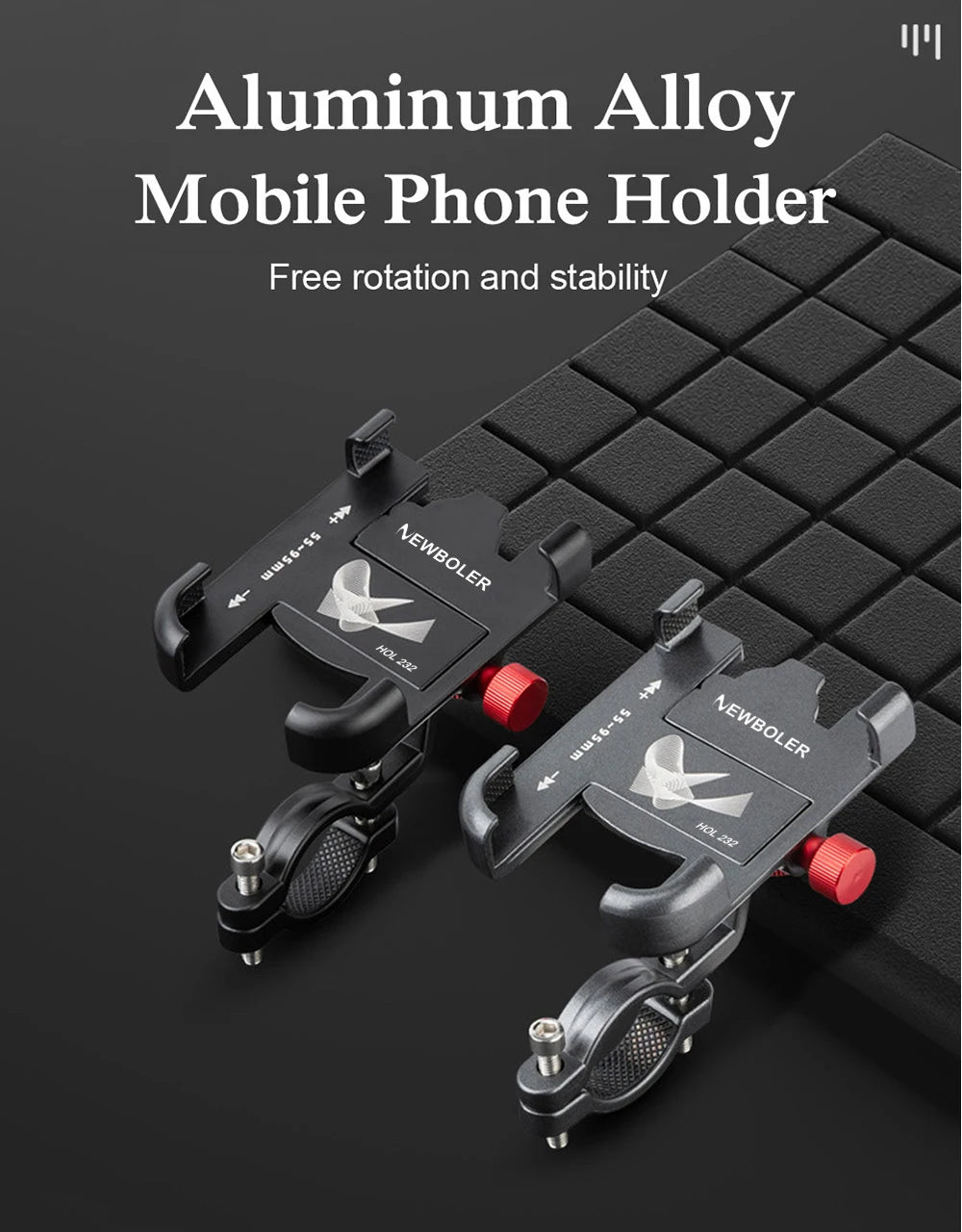 Black aluminum alloy mobile phone holder with free rotation and stability shown on a dark surface.