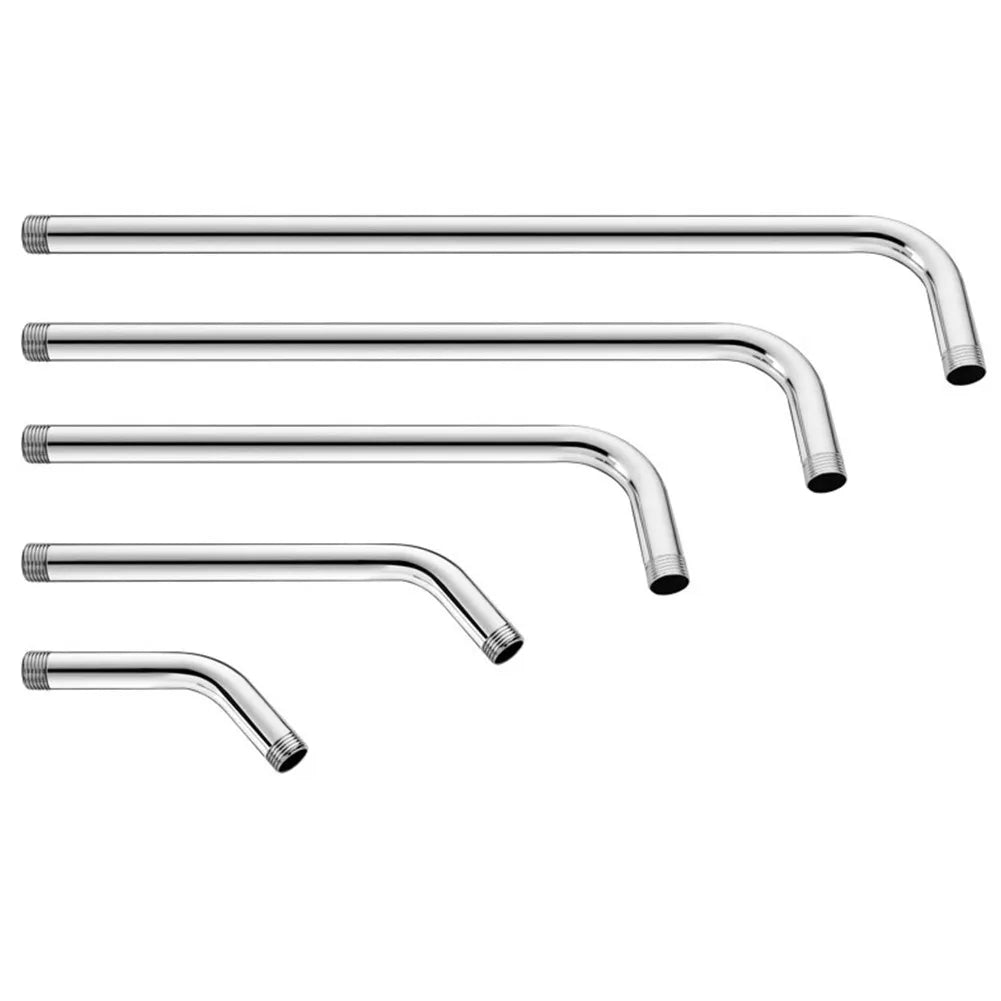 Three stainless steel shower arm extensions of varying lengths.