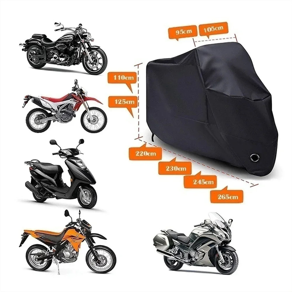 Housse universelle noire pour moto, avec divers modèles de scooters et de motos.