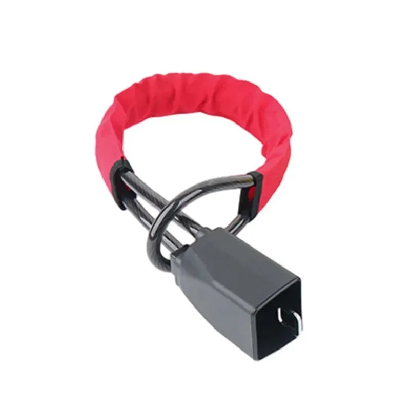 Red anti-theft steering wheel lock with a black housing and metal clasp.
