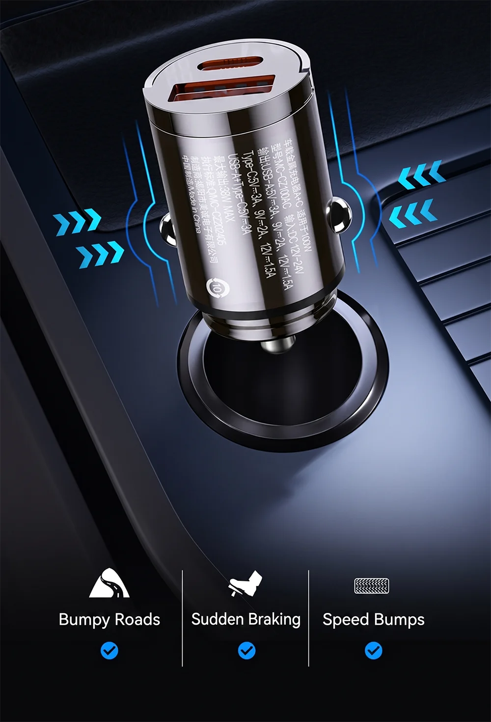 A close-up of a silver dual port car charger with multiple charging options displayed on a dark surface.