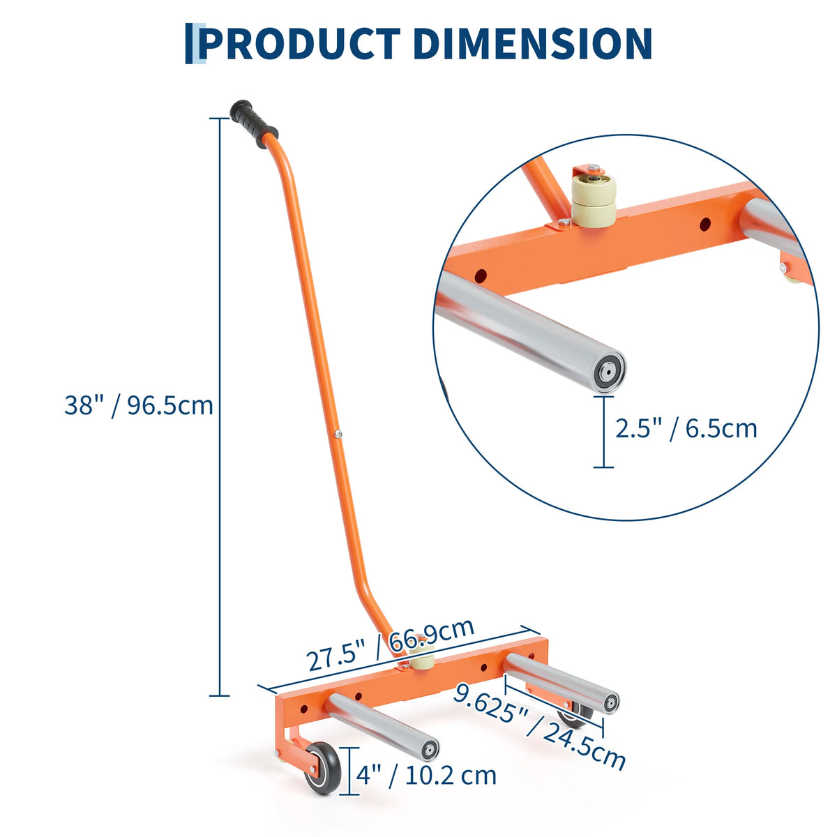 A heavy duty adjustable tire dolly in orange and silver, showing its dimensions and components.