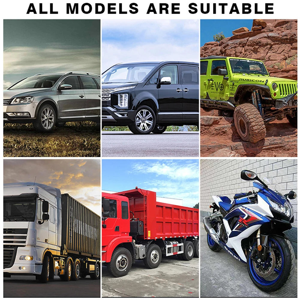 Eine Sammlung verschiedener Fahrzeuge, darunter SUVs, Lastwagen und ein Schwerlast-Truck, die die Eignung des Manuels demonst