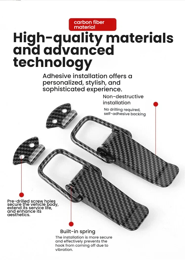 Black carbon fiber hood latch pins with self-adhesive backing and built-in spring for non-destructive installation