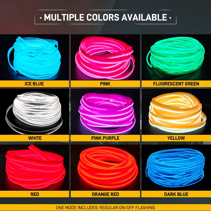 A collection of flexible LED wiring strips in various colors including ice blue, pink, fluorescent green, white, yellow, red,