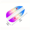 A flexible rain curtain for a car rearview mirror with a gradient blue and pink design.