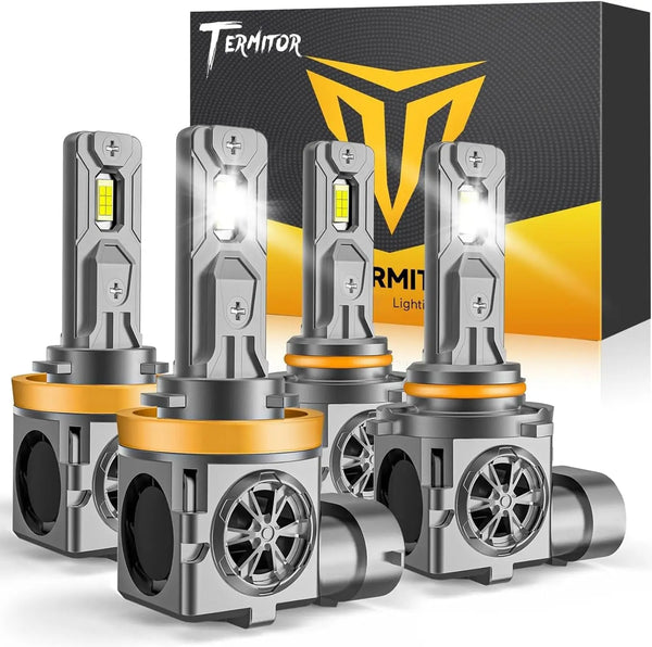 A combo pack of high-performance LED fog light bulbs and their housing, displayed in a box.