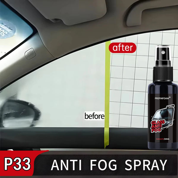 Before and after comparison of an anti-fog spray on a car windshield.