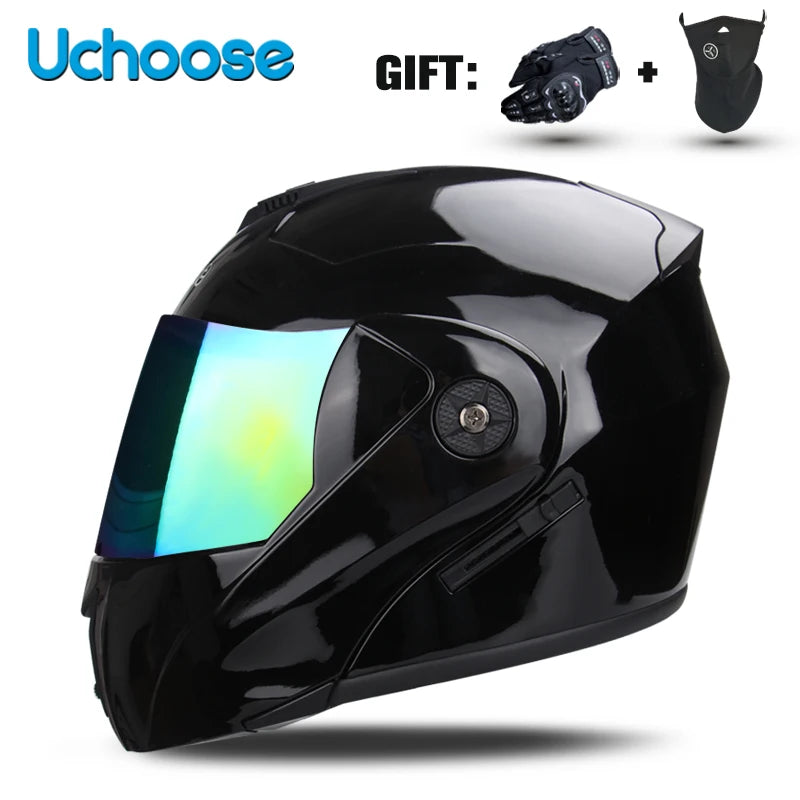 Black Uchoose DOT certified double lens flip-up motorcycle helmet with a gift