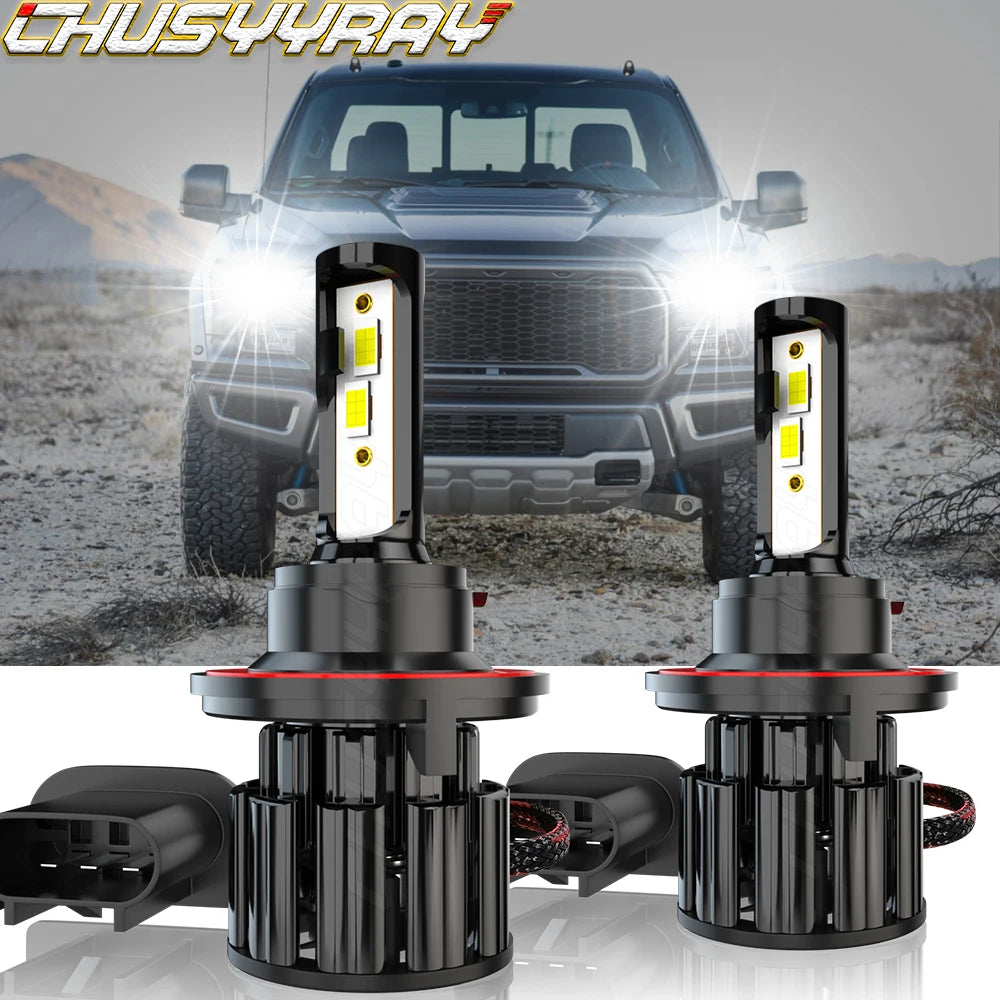 A pair of high-performance LED headlight bulbs for a Ford F-150 truck shown alongside the installed bulbs.