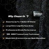 Close-up of a black microfiber car drying towel showing features like water absorption and twisted loop technology