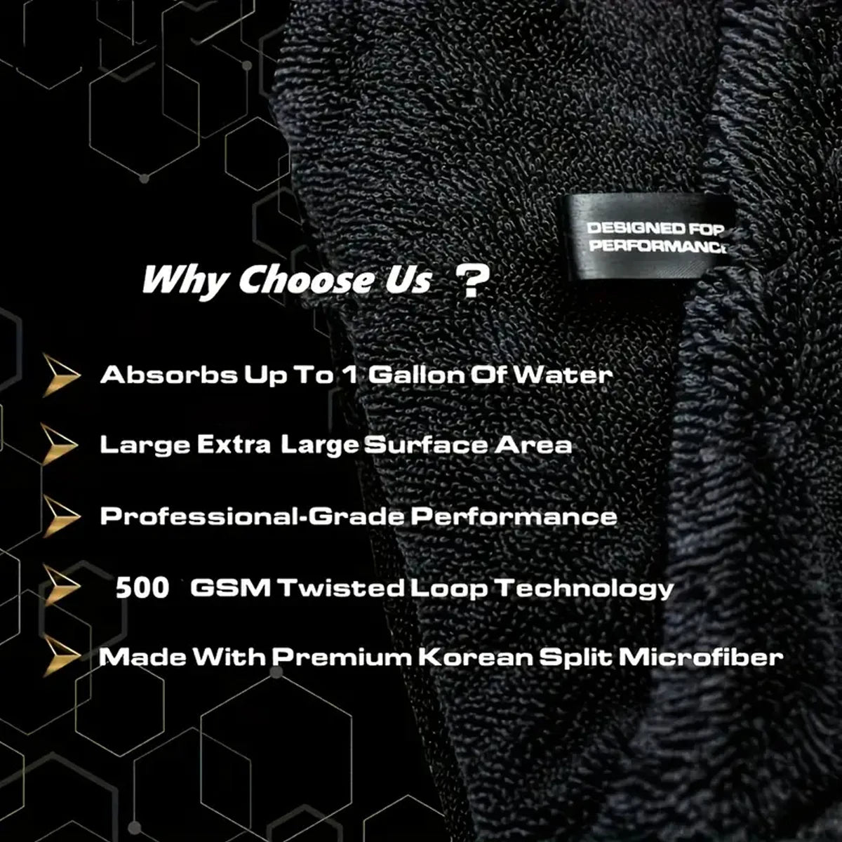 Close-up of a black microfiber car drying towel showing features like water absorption and twisted loop technology