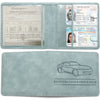 A leather document holder featuring New York State driver licenses and registration cards.