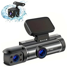 Appareil dashcam noir avec module caméra séparé et effet d'éclaboussure d'eau.