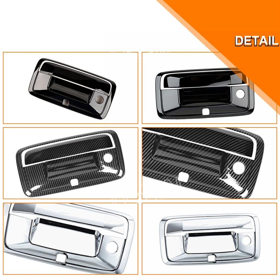 Close-up view of various tailgate handle trim covers and hardware for Chevrolet Colorado, Silverado, GMC Sierra, and Canyon t