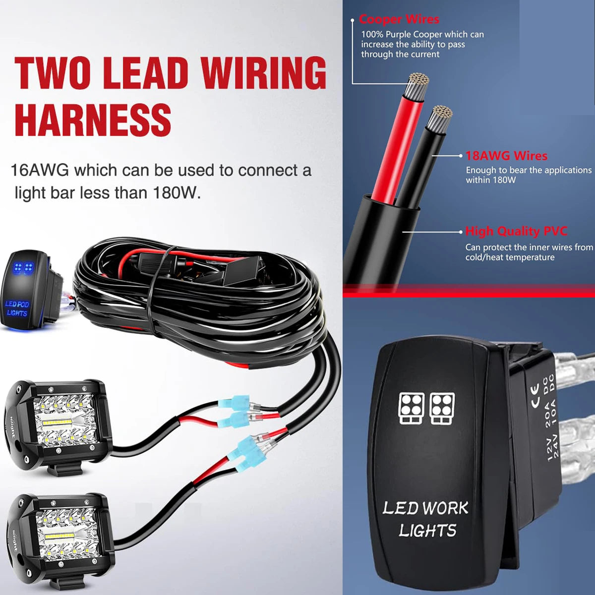 Two lead wiring harness for 16AWG wires to connect light bars, including LED work lights.