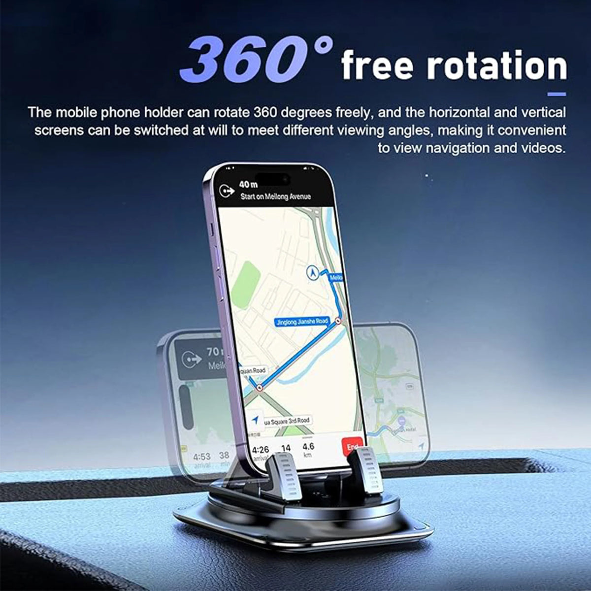 A mobile phone holder with a 360 degree free rotation is shown mounted on a dashboard surface.