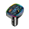 A black Bluetooth car charger with an FM transmitter displaying power output and controls.