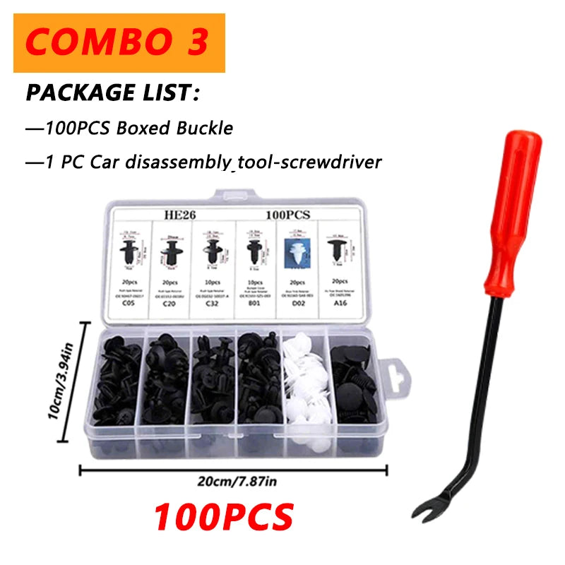 A set of 100 pieces of boxed buckle and car disassembly tools including a screwdriver and pliers.