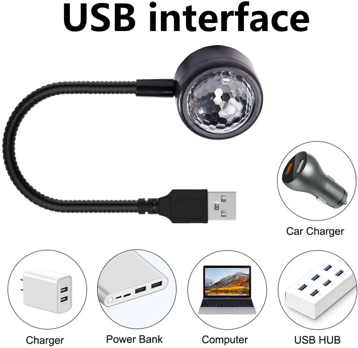 A black USB interface light with a flexible cable and multiple ports for charging devices.