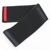 Black leather steering wheel cover with a red accent stripe.