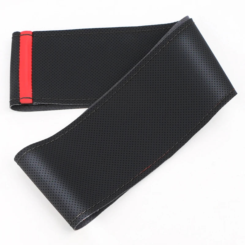 Black leather steering wheel cover with a red accent stripe.