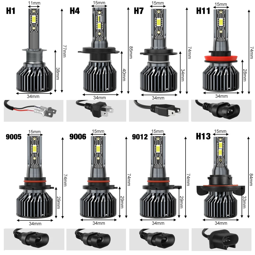 A collection of universal LED car headlight bulb kits, including H1, H4, H7, H11, 9005, 9006, 9012, and H13 models.