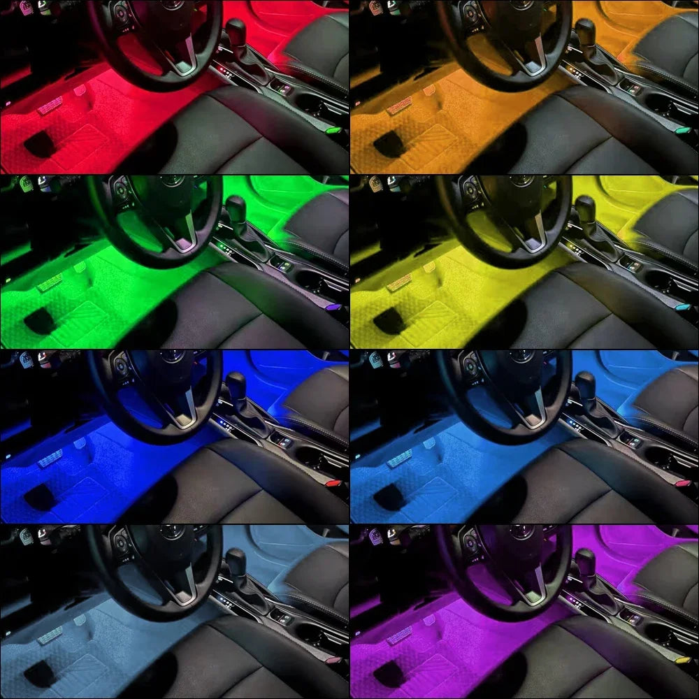 Eine Sammlung von Innenbeleuchtung für Autos mit verschiedenen RGB-Streifen, die Armaturenbrett und Sitze beleuchten.
