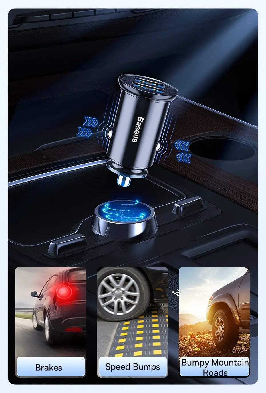A Baseus 30W dual port car charger is shown being used in a car's interior, with icons for brakes, speed bumps, and bumpy mou