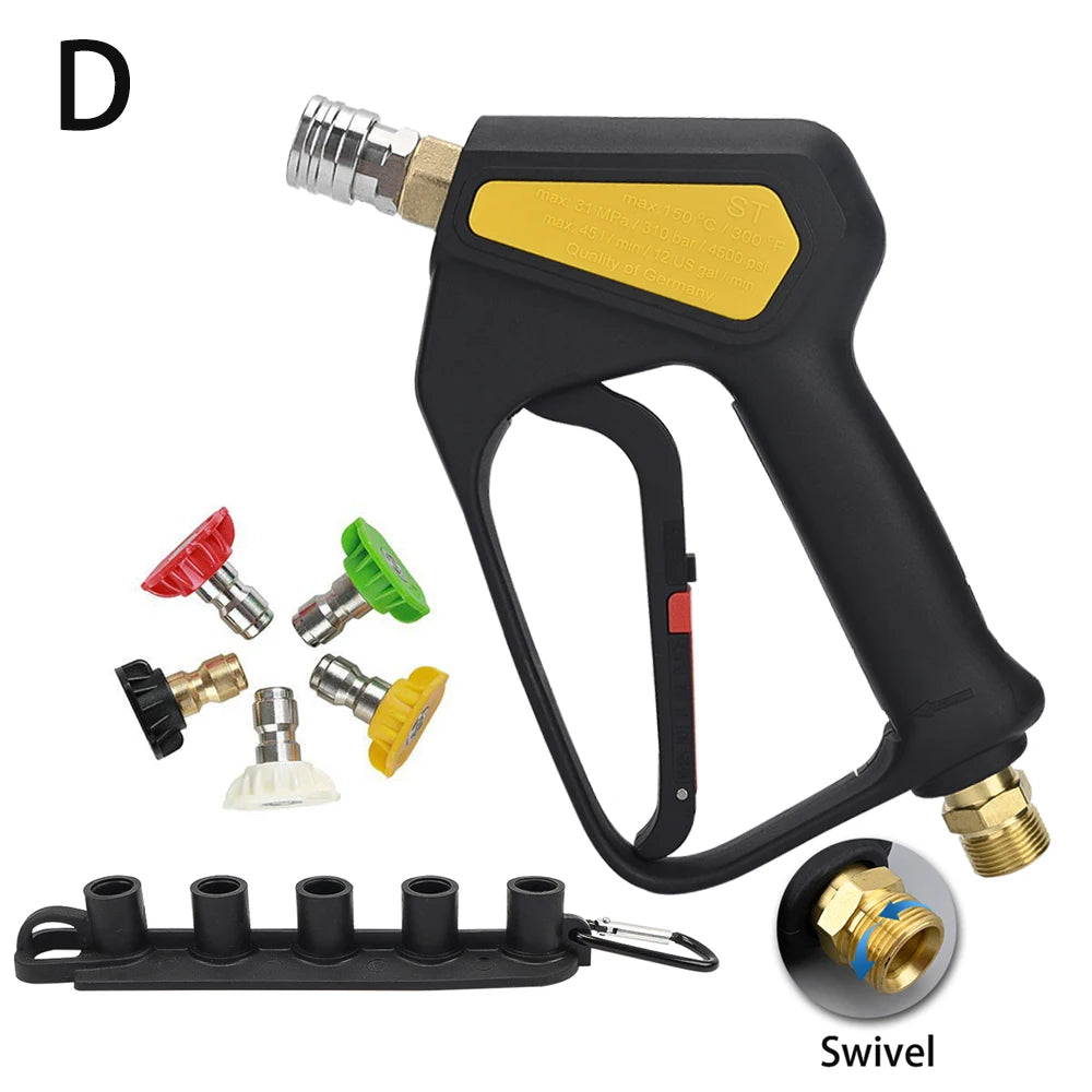 A black high-pressure short trigger spray gun with a yellow grip and various connectors shown.