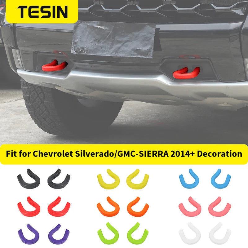 Set of universal car exterior bumper tow hook covers in various colors for Chevrolet Silverado/GMC Sierra