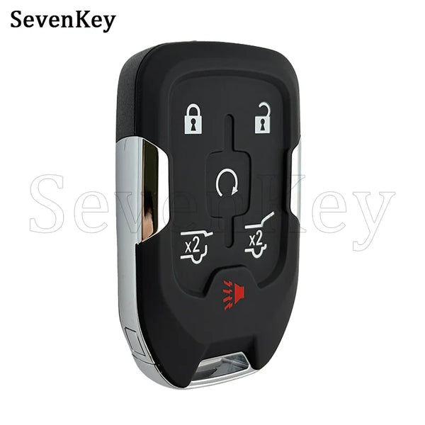 A black replacement smart key fob shell with a silver trim and security icons for Chevrolet/GMC SUVs