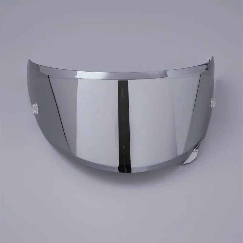 A silver anti-fog visor designed for motorcycle helmets, shown against a plain gray background.