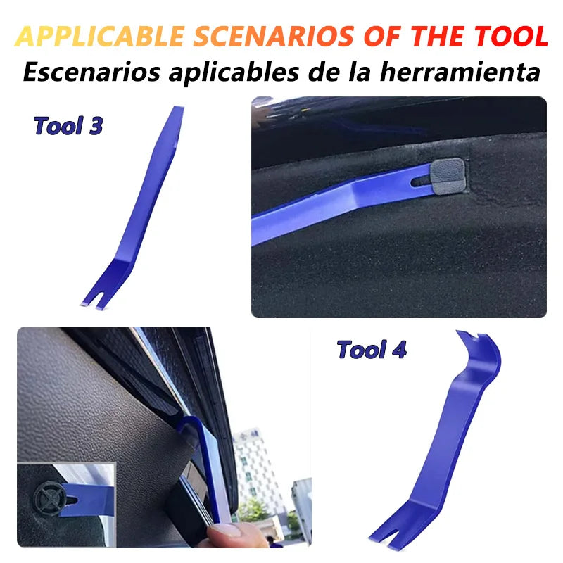 Image showing three tools for car trim removal, including a blue plastic tool and a black tool used on a car interior.