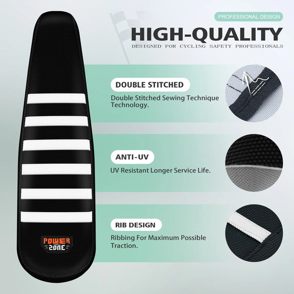 Black and white ribbed gripper seat cover designed for cycling safety professionals featuring double stitching and anti-UV pr