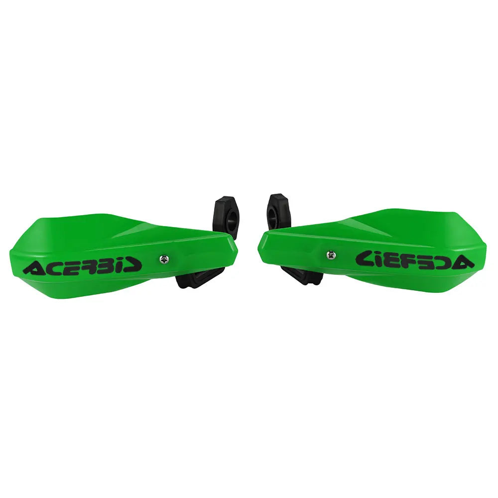 Un kit de protection de guidon vert pour moto, étiqueté Acerbi et Ciefda.