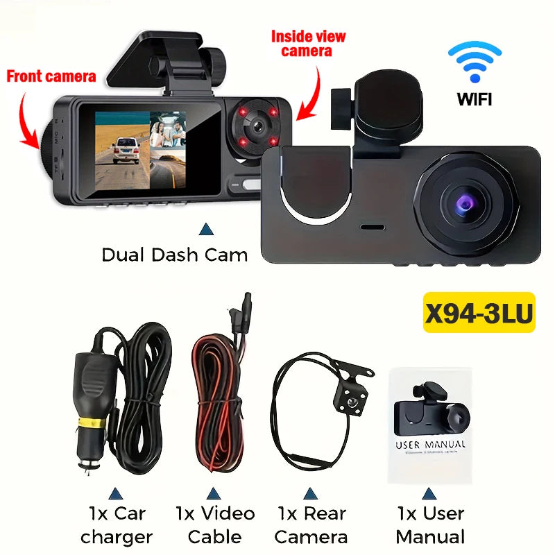 Appareil dashcam double avec chargeur de voiture, câble vidéo, caméra arrière et manuel d'utilisateur.