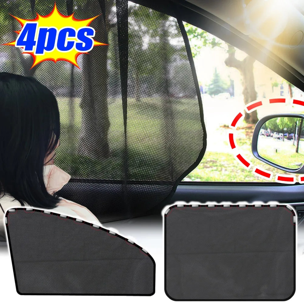 Four magnetic car window sunshades shown in a vehicle window with a reflection of sunlight.