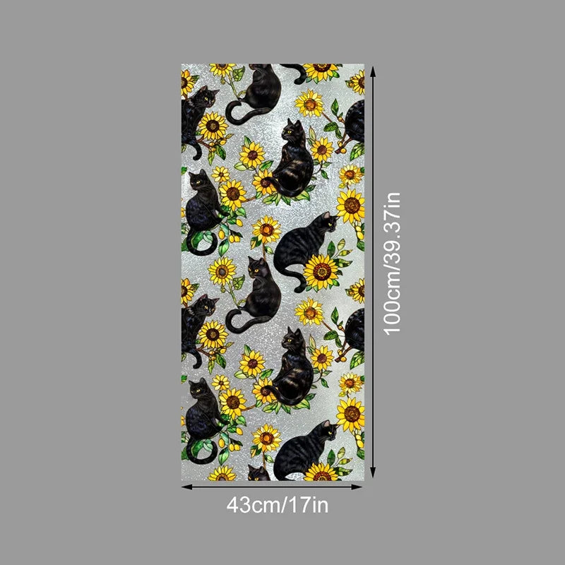A vertical sheet of decorative PVC stained glass window film featuring black cats and yellow flowers on a light background.