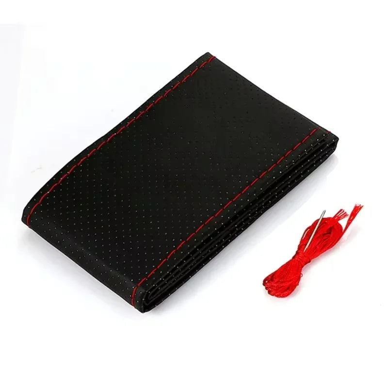 Black genuine leather steering wheel cover with red drawcord