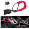 A red anti-theft steering wheel lock with a black connector and mounting mechanism shown in various views.