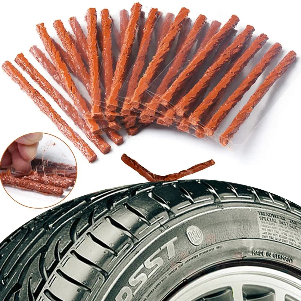 Brown natural rubber tire repair strips arranged in a fan shape next to a tire tread.